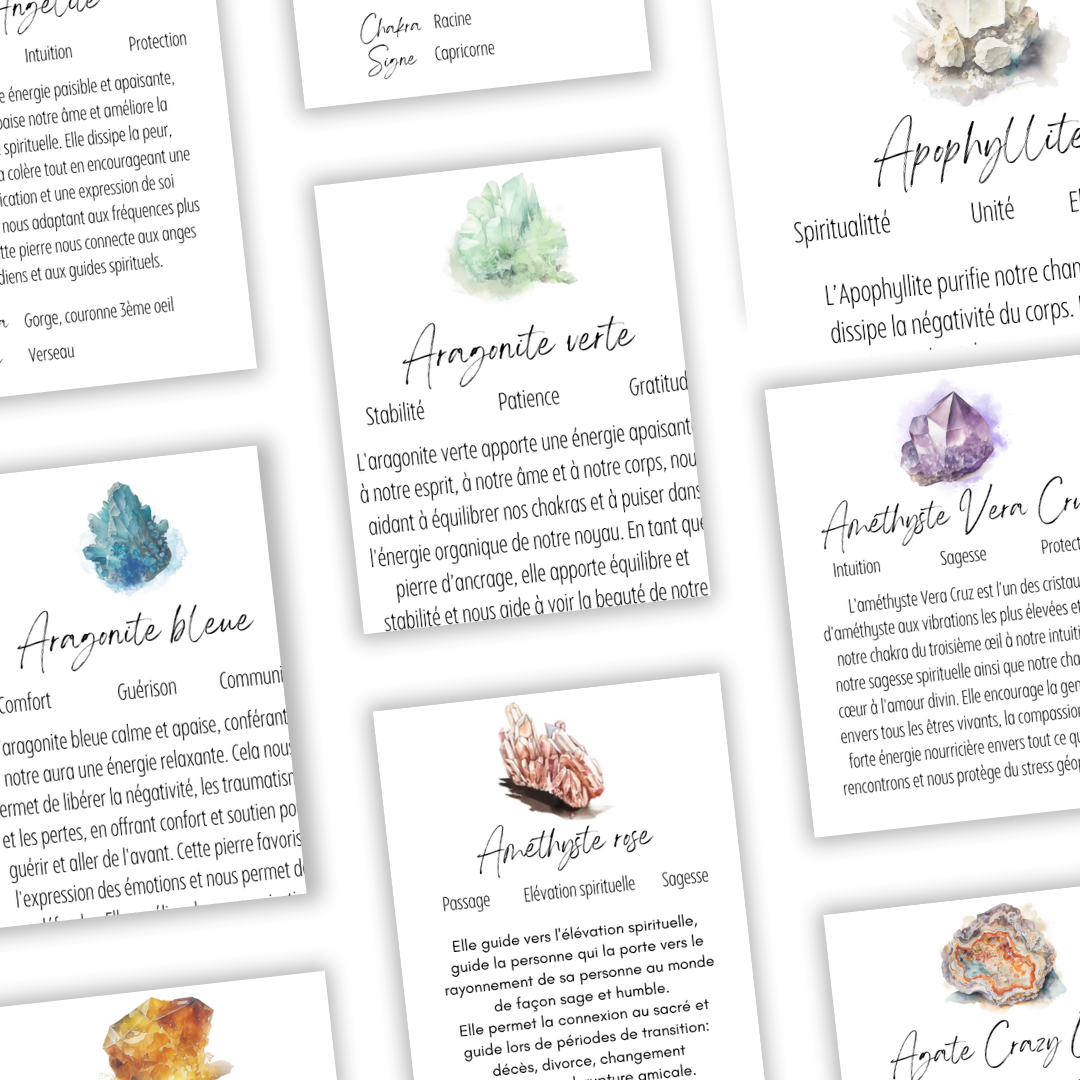 Vibrations cristallines: collection de cartes des pierres naturelles à imprimer